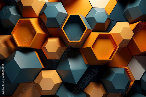 a colorful tiled background made out of different colored geometric shapes, in the style of 3d, geodesic structures, contrasting shadows, uhd image, white and orange, dark yellow and blue © faissal El Kadousy