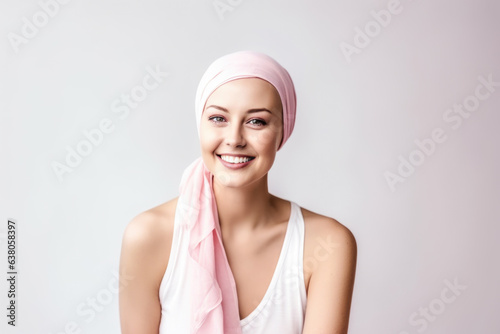 Wallpaper Mural Portrait of a beautiful smiling woman with hair scarf, cancer survivor, over pink pastel background. Torontodigital.ca