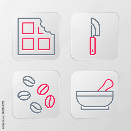 Set line Mortar and pestle, Coffee beans, Knife and Chocolate bar icon. Vector