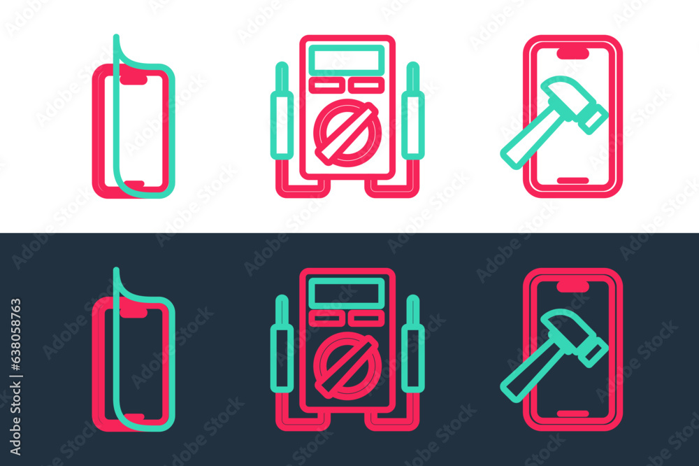 Set line Mobile with broken screen, Glass protector and Multimeter icon. Vector Set line Mobile with broken screen, Glass protector and Multimeter icon. Vector