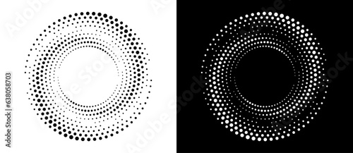 Modern abstract background. Halftone dots in circle form. Round logo. Vector dotted frame. Design element or icon. Black shape on a white background and the same white shape on the black side.