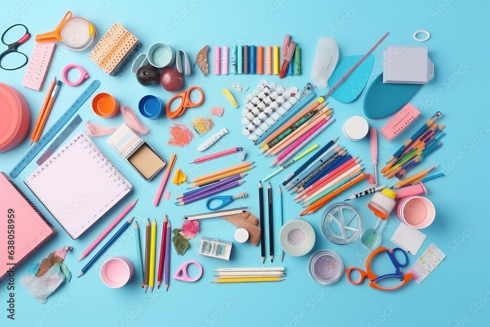 School supplies on minimalism background, top wie . Back to school concept place for text. Generative AI. - obrazy, fototapety, plakaty 