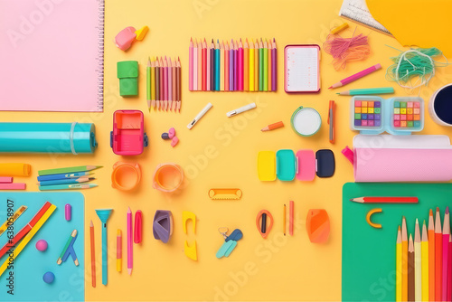 School supplies on minimalism background, top wie . Back to school concept place for text. Pink orange and yellow colors. Generative AI.