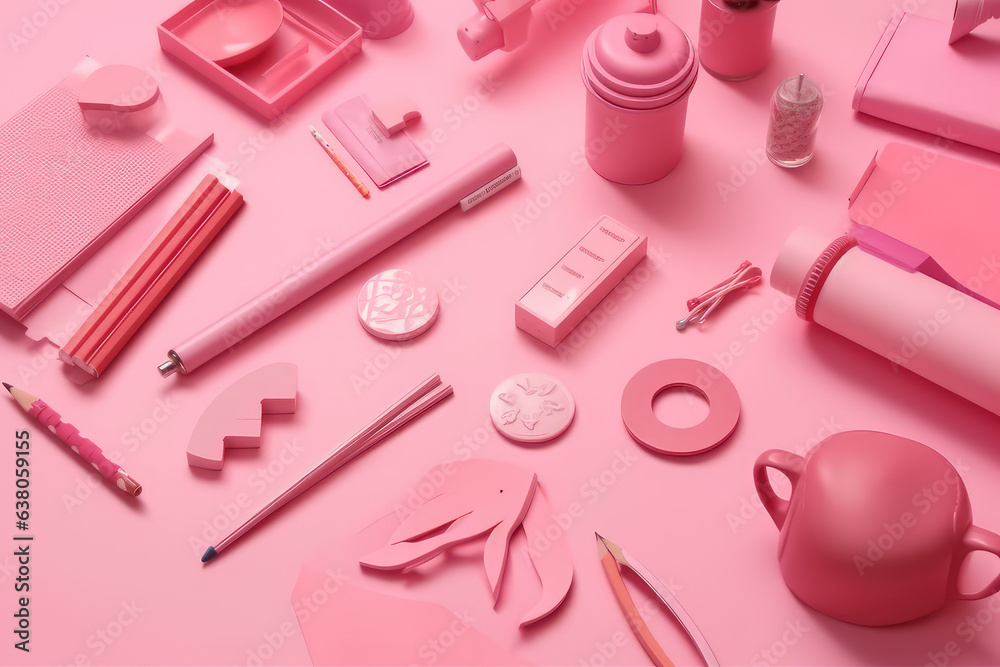 School supplies on minimalism background, top wie . Back to school concept place for text. Pink pastel colors. Generative AI. - obrazy, fototapety, plakaty 