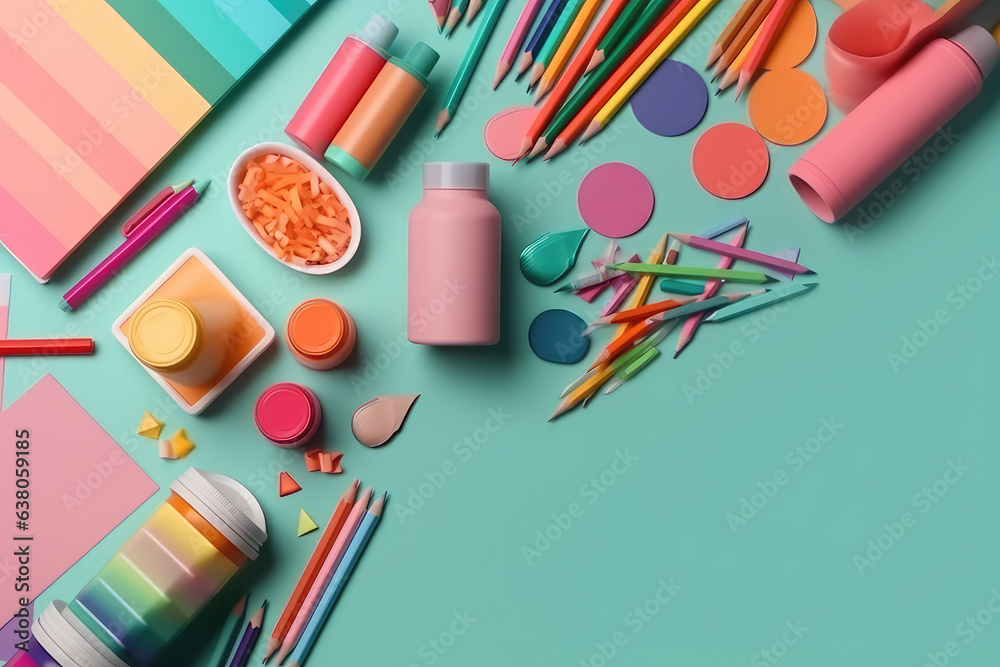 School supplies on minimalism background, top wie . Back to school concept place for text. Generative AI. - obrazy, fototapety, plakaty 