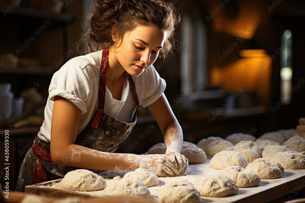 young woman kneading dough to bake delicious bread (Generative AI)
