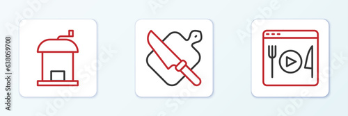 Set line Cooking live streaming, Manual coffee grinder and Cutting board and knife icon. Vector