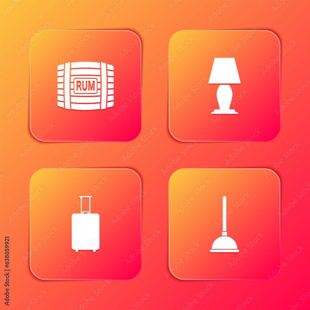 Set Wooden barrel with rum, Table lamp, Travel suitcase and Rubber plunger icon. Vector Set Wooden barrel with rum, Table lamp, Travel suitcase and Rubber plunger icon. Vector