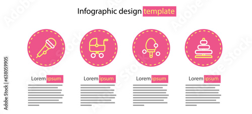 Set line Racket, Pyramid toy, Baby stroller and Microphone icon. Vector
