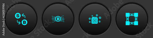 Set Cryptocurrency exchange, bitcoin in circuit, ASIC Miner and Blockchain technology icon. Vector
