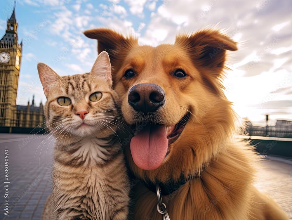 A cute dog and cat both smiles while taking a selfie together in front of Big Ben Tower A cute dog and cat both smiles while taking a selfie together in front of Big Ben Tower