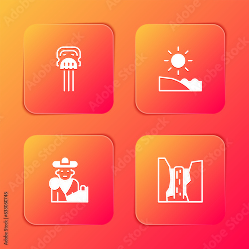 Set Peineta, Beach, Bullfight, matador and Algar waterfall icon. Vector