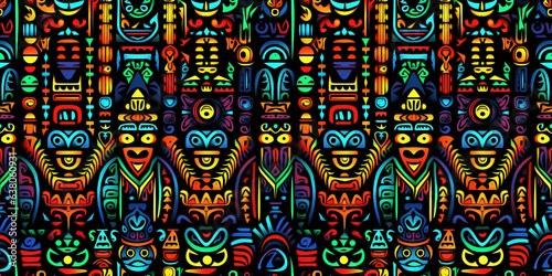 Seamless pattern with ultra vibrant ethnic designs. Concept: Psychedelic disco tribal wallpapers.