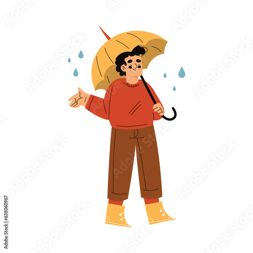 Cute Boy Character Enjoy Autumn Season Walking with Umbrella Vector Illustration