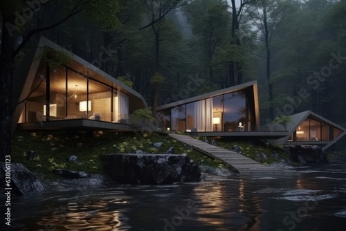 On a foggy night, the stillness of nature was interrupted by the silhouette of a house on the lake, framed by the windows and trees that created an idyllic outdoor paradise