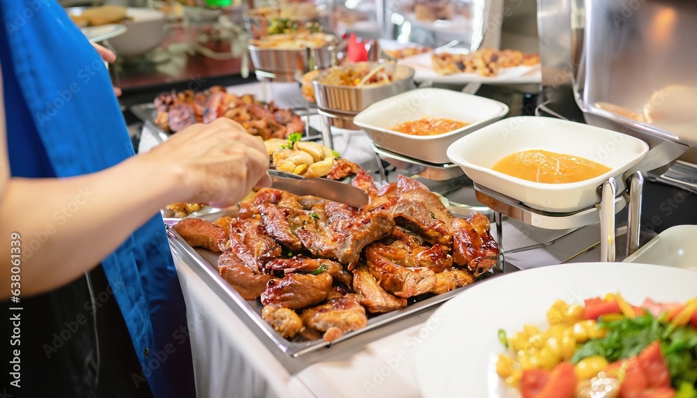 Obraz premium Group of people on catering buffet food indoor in restaurant with grilled meat. Buffet service for any festive event, party or wedding reception.