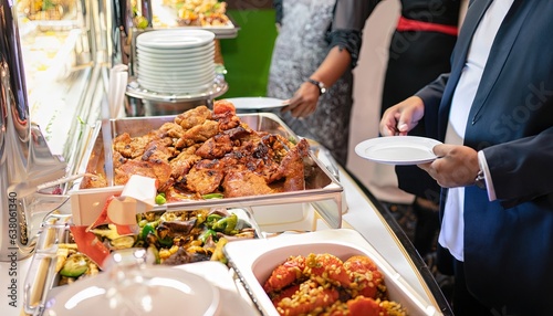 Group of people on catering buffet food indoor in restaurant with grilled meat. Buffet service for any festive event, party or wedding reception.