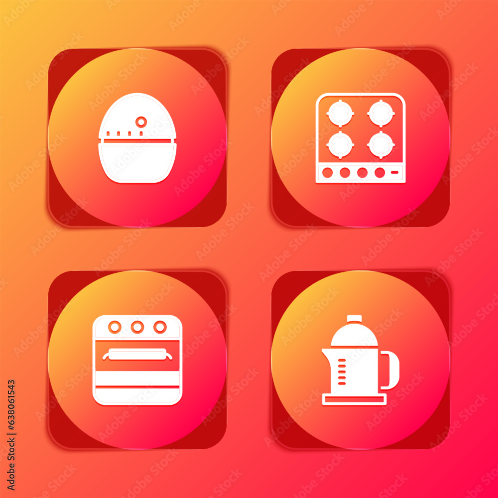 Set Kitchen timer, Gas stove, Oven and French press icon. Vector Set Kitchen timer, Gas stove, Oven and French press icon. Vector