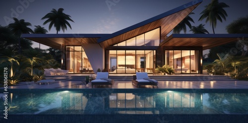 The majestic house stands proudly amongst a lush landscape of trees  illuminated by the starry night sky and surrounded by a tranquil pool that invites relaxation and serenity