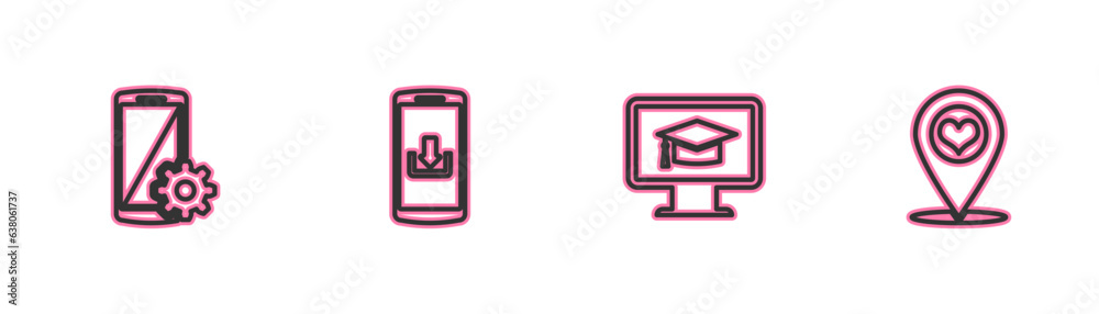 Set line Setting on smartphone, Monitor with graduation cap, Smartphone download and Map pointer heart icon. Vector Set line Setting on smartphone, Monitor with graduation cap, Smartphone download and Map pointer heart icon. Vector