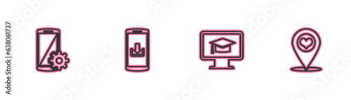 Set line Setting on smartphone, Monitor with graduation cap, Smartphone download and Map pointer heart icon. Vector