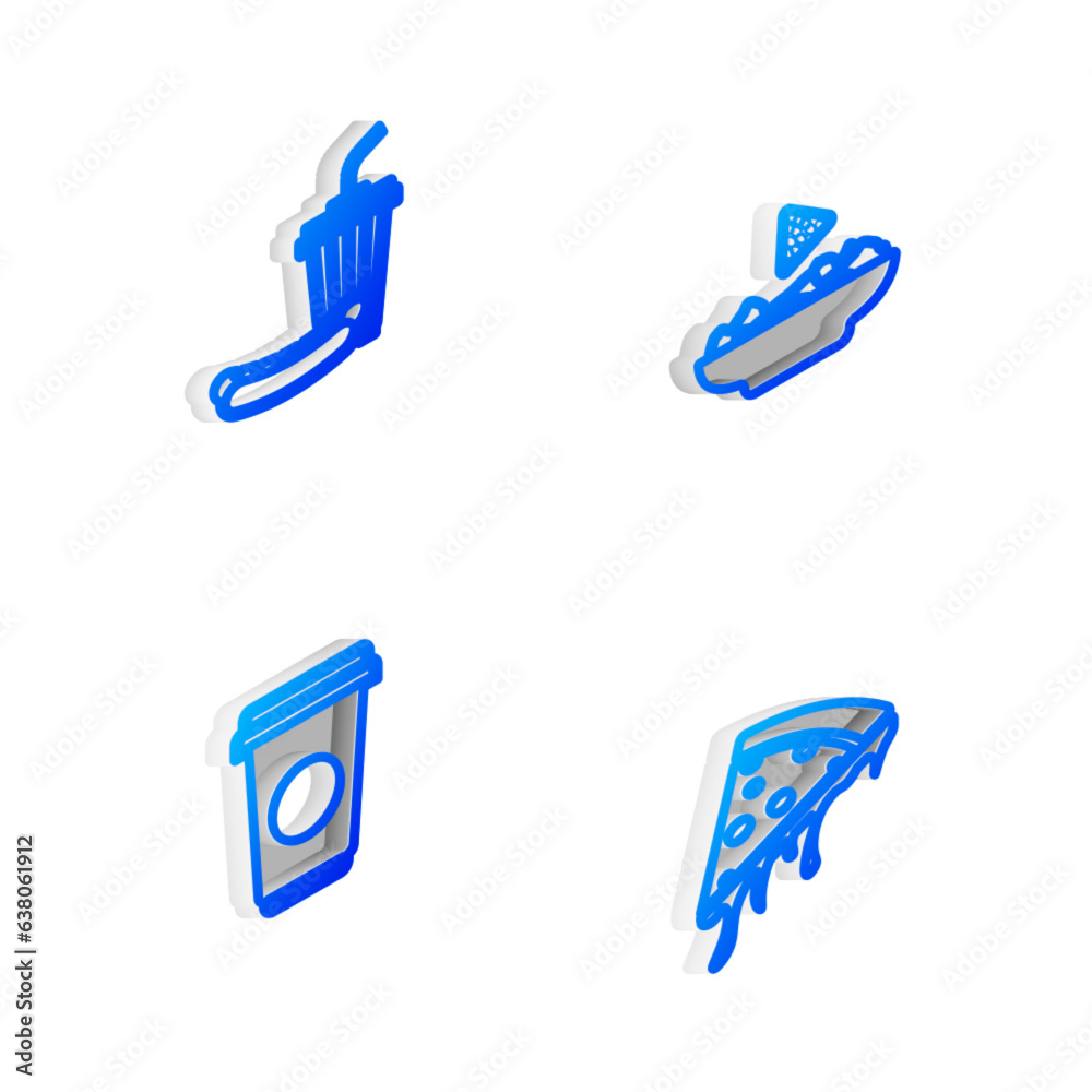 Set Isometric line Nachos in plate, Soda and hotdog, Coffee cup and Slice pizza icon. Vector Set Isometric line Nachos in plate, Soda and hotdog, Coffee cup and Slice pizza icon. Vector
