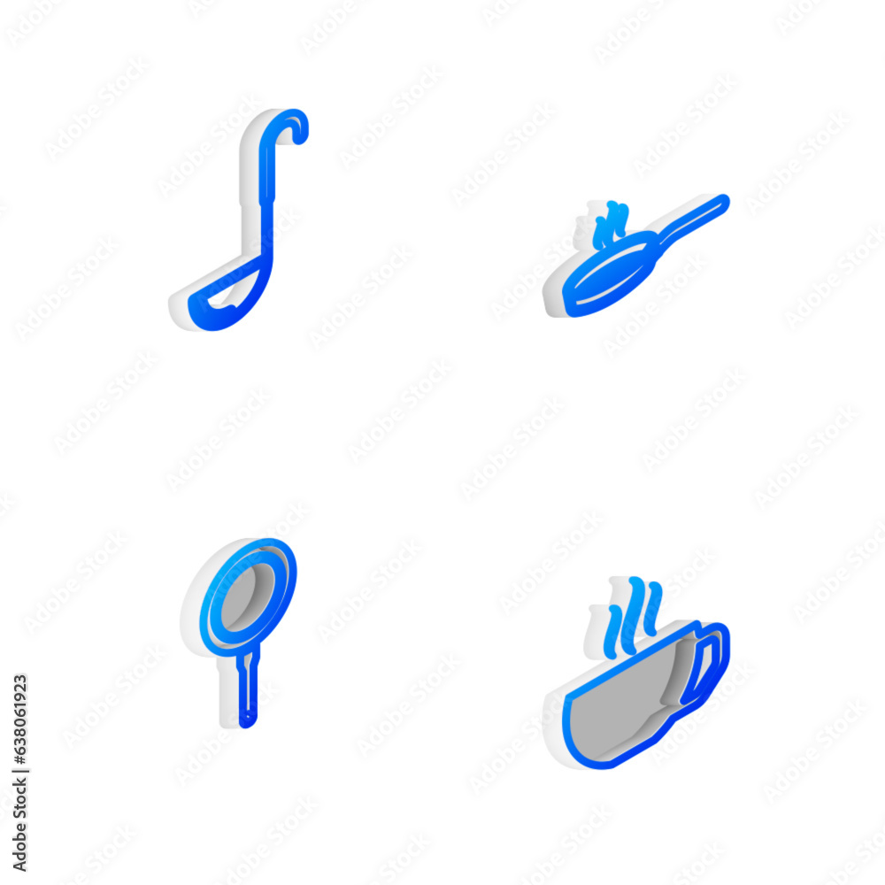 Set Isometric line Frying pan, Kitchen ladle, and Coffee cup icon. Vector Set Isometric line Frying pan, Kitchen ladle, and Coffee cup icon. Vector