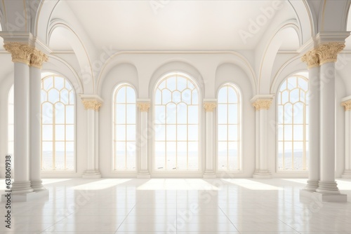 A pristine white room with symmetrical arched windows and intricate ceiling molding radiates an atmosphere of timeless elegance and classical grandeur