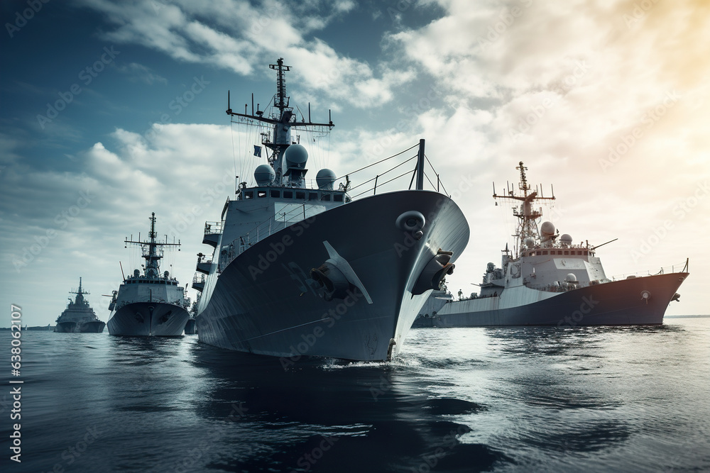 Three military ships in the sea. 