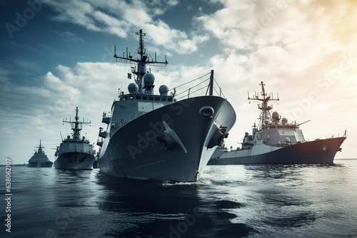 Tela Three military ships in the sea.