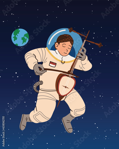 karawitan astronaut playing gamelan music on rebab between galaxy planets stars. Pop art cartoon comic for t-shirt poster print design for kids. photo