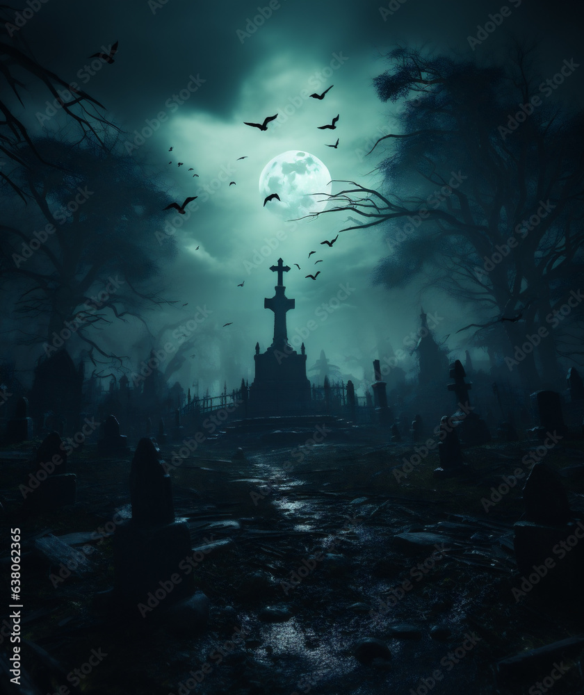 Halloween background with full moon and cemetery