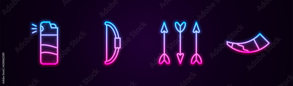 Set line Pepper spray, Bow, Hipster arrows and Hunting horn. Glowing neon icon. Vector Set line Pepper spray, Bow, Hipster arrows and Hunting horn. Glowing neon icon. Vector
