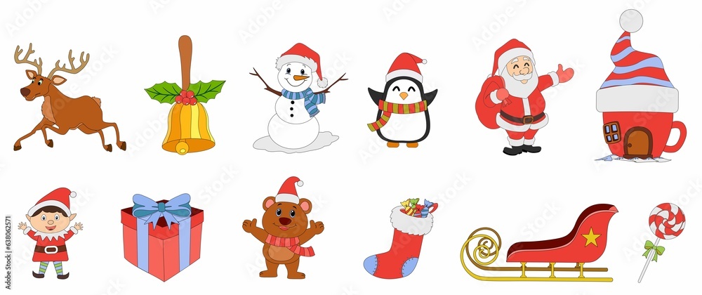illustration of set of christmas characters and items.