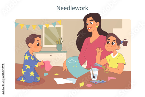 Family time. Mother and kids crafting together. Mother accompanies