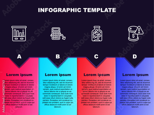 Set line Pie chart infographic, Calculation of expenses, Glass money jar with coin and Drop crude oil price. Business infographic template. Vector