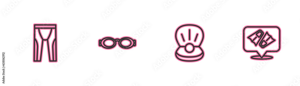 Set line Wetsuit for scuba diving, Pearl, Glasses swimming and Flippers icon. Vector Set line Wetsuit for scuba diving, Pearl, Glasses swimming and Flippers icon. Vector