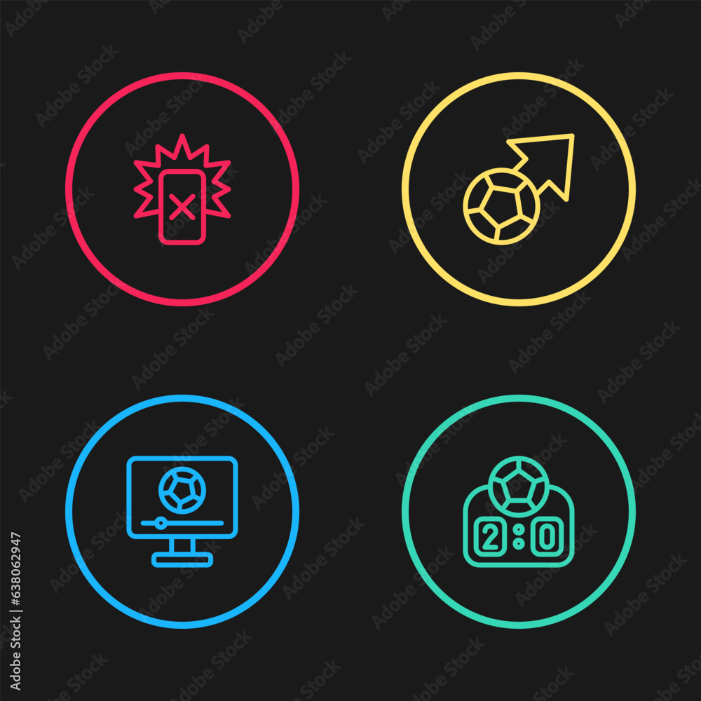 Set line Football match on TV, Sport mechanical scoreboard, Soccer football and Red card icon. Vector Set line Football match on TV, Sport mechanical scoreboard, Soccer football and Red card icon. Vector