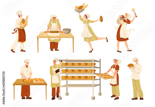 Man and Woman Bread Bakers in Uniform and Toque Baking Pastry Vector Set