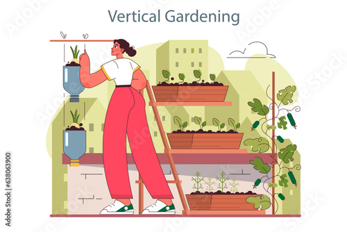 Urban farming or gardening. City horticulture practices. Character