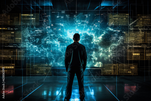A silhouette of a person standing in front of a giant digital screen with a flow of data showing various cyber threats and vulnerabilities 