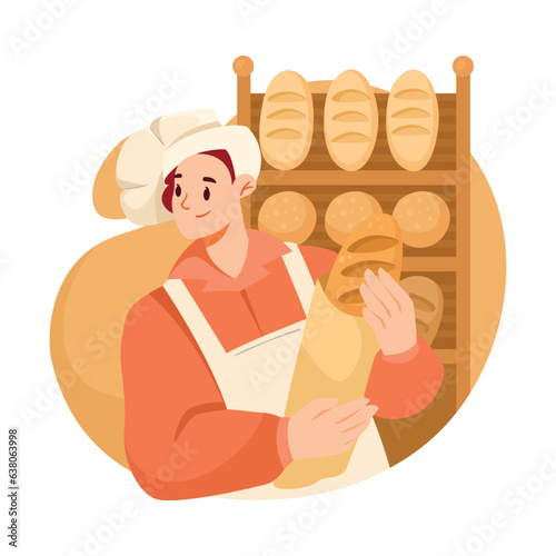Man Bread Baker in Uniform and Toque Baking Pastry Hold Loaf in Pack Vector Illustration