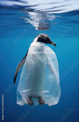 Plastic pollution in ocean environmental problem. The penguin is dressed in a plastic bag. AI generated
