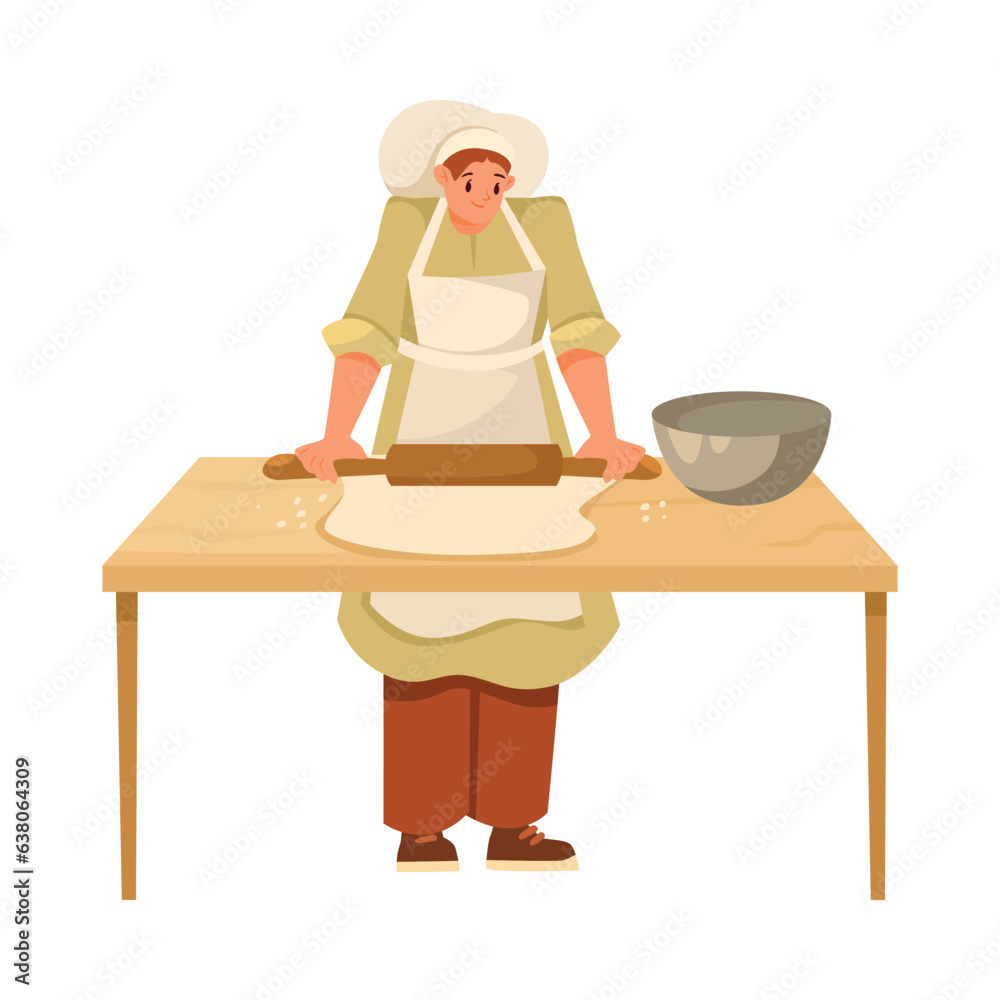 Man Bread Baker in Uniform and Toque Rolling Dough on Table Baking Pastry Vector Illustration Man Bread Baker in Uniform and Toque Rolling Dough on Table Baking Pastry Vector Illustration
