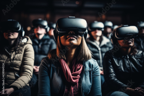 People in VR headsets on their heads in the virtual reality 
