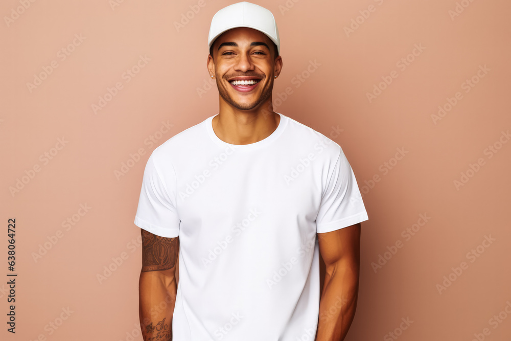 Young man wearing bella canvas white shirt mockup at pastel background 