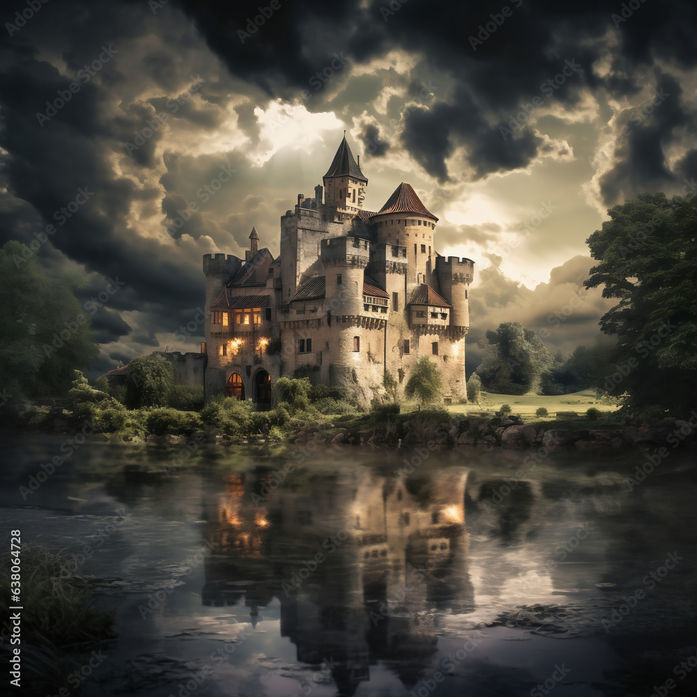Castle on the lake at night with dramatic sky and reflection.