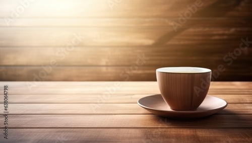 On a wooden table, a saucer with a steaming cup of coffee sits invitingly, beckoning with the promise of a cozy morning and a stimulating dose of caffeine