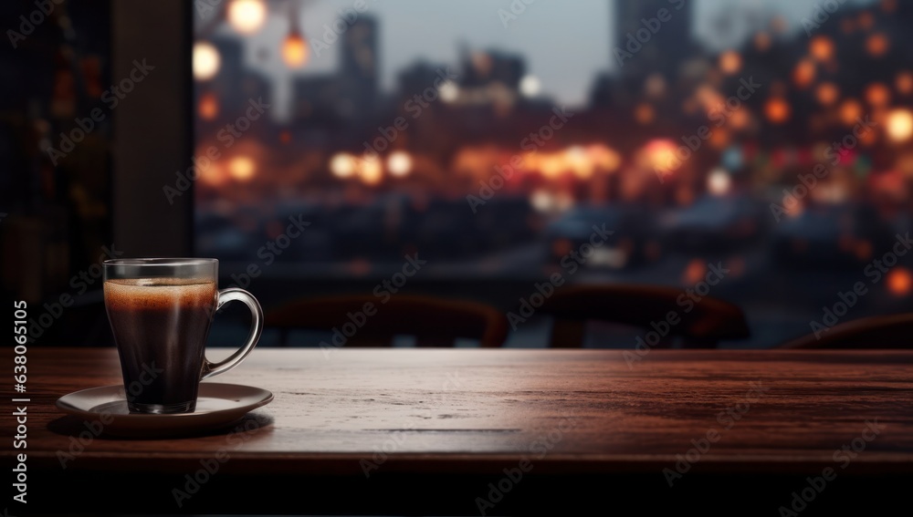 On a crisp morning in the city, a steaming cup of coffee sits atop a wooden table, surrounded by a variety of drinkware and tableware that hint at the promise of a new day