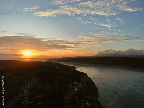 Drone photo of sunrise in Nusa Lembongan, a small island near Bali, Indonesia